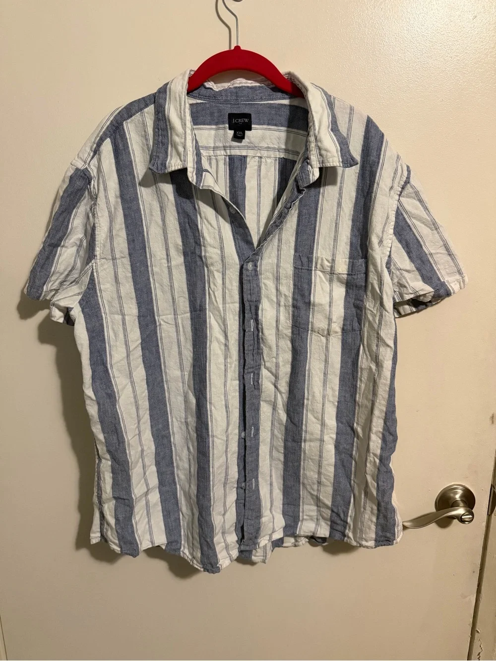 J. Crew Men’s Blue and White Vertical Stripe Short Sleeve Button-Down Shirt